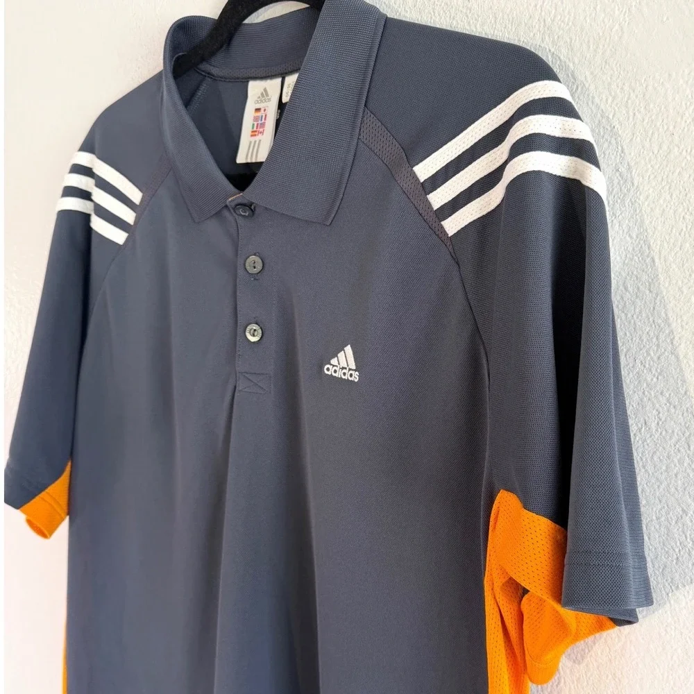 Vintage Adidas Mens 2XL Gray Orange 3-Stripe Polo Shirt Athletic Golf Tennis